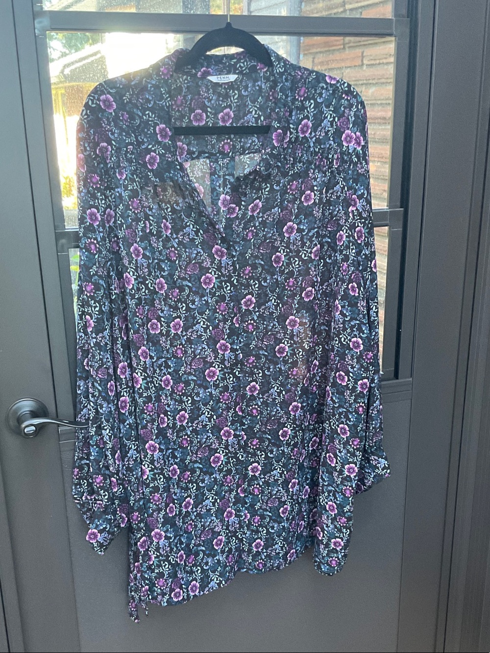Penningtons Black Floral V-Neck Tunic with Purple Flowers